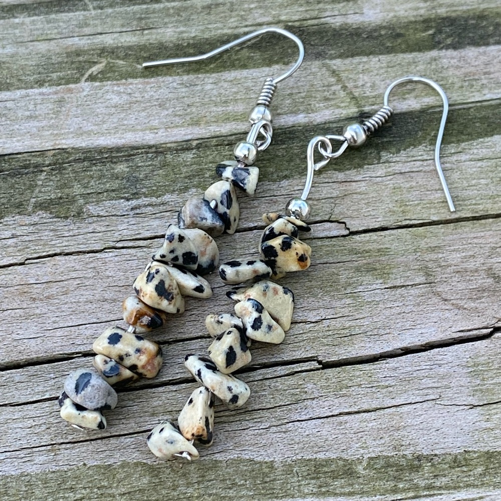 Dalmatian Jasper earrings gemstone chip long linear drop earrings